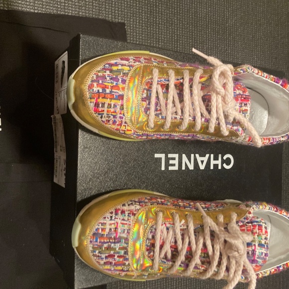 CHANEL Multicolor Tweed Trims Gold Authentic Runway Lace up Sneakers Size 36 - Picture 3 of 8